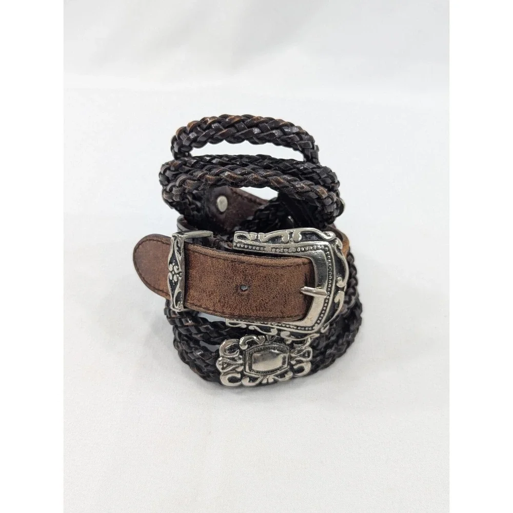 Amiee Lynn Belt Women 32 Braided Leather Brass Buckle Belt Brown Horse Bit